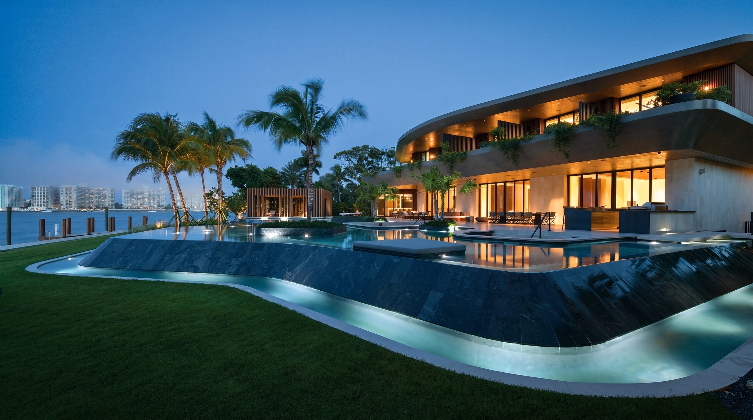 Star Island 22 residence and pool at dusk, Miami Beach